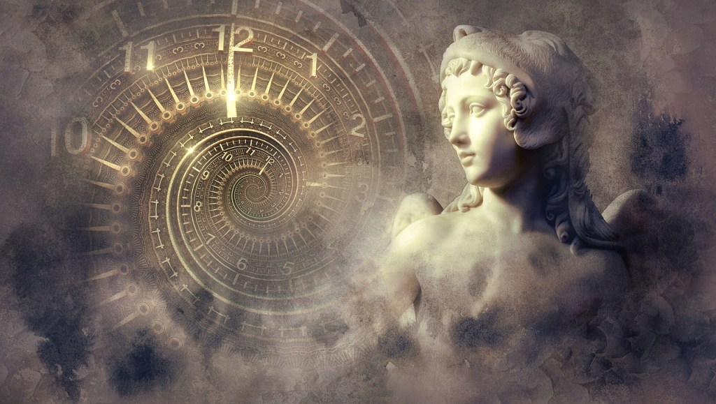 Warped spiral brass clock next to ancient Roman-style statue